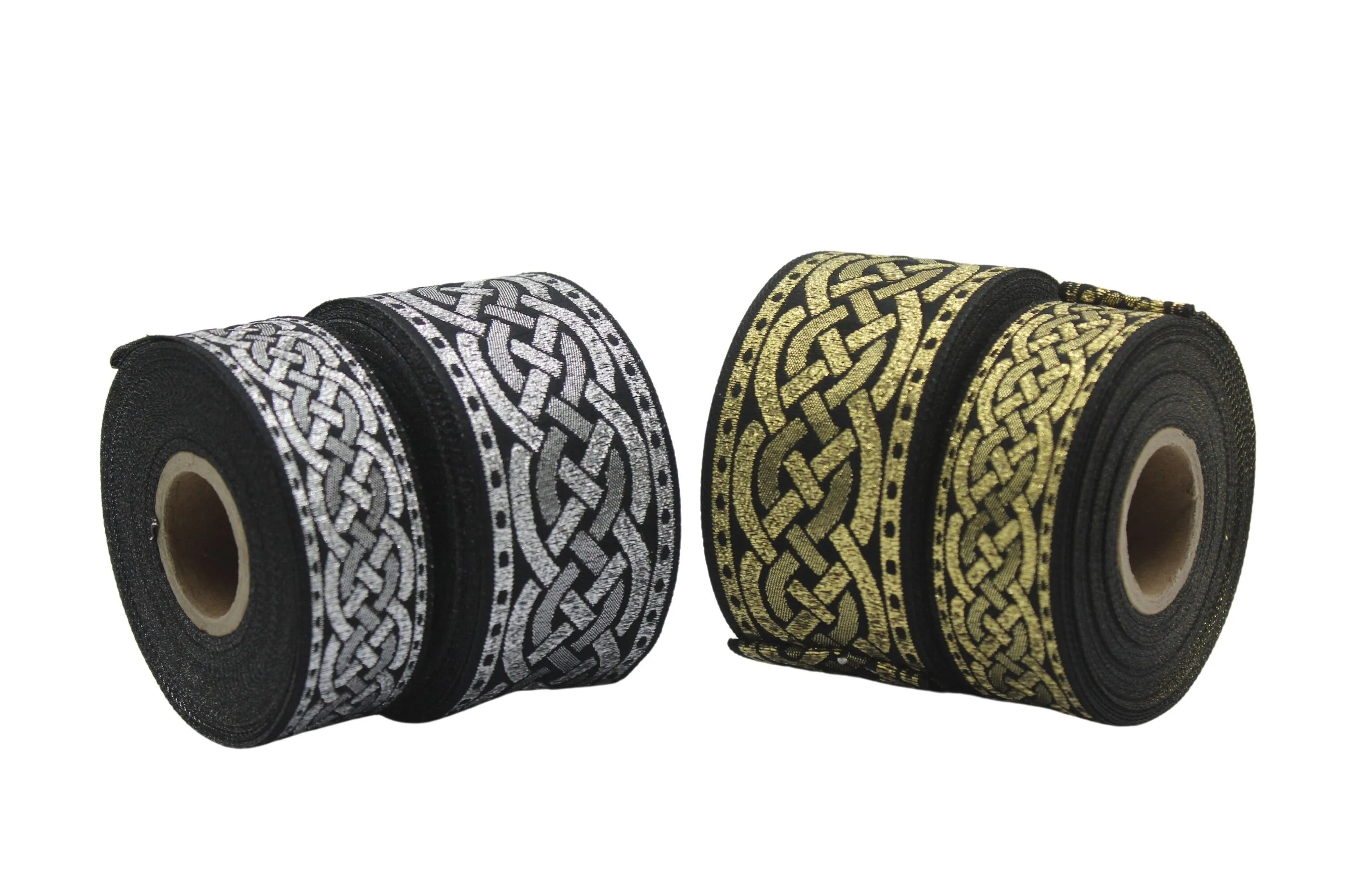 1.37 inch Metallic Silver Leprechaun Trim | Celtic Woven Border | 35 mm Woven Trimming | Jacquard Ribbon | Upholstery Fabric | CNK12