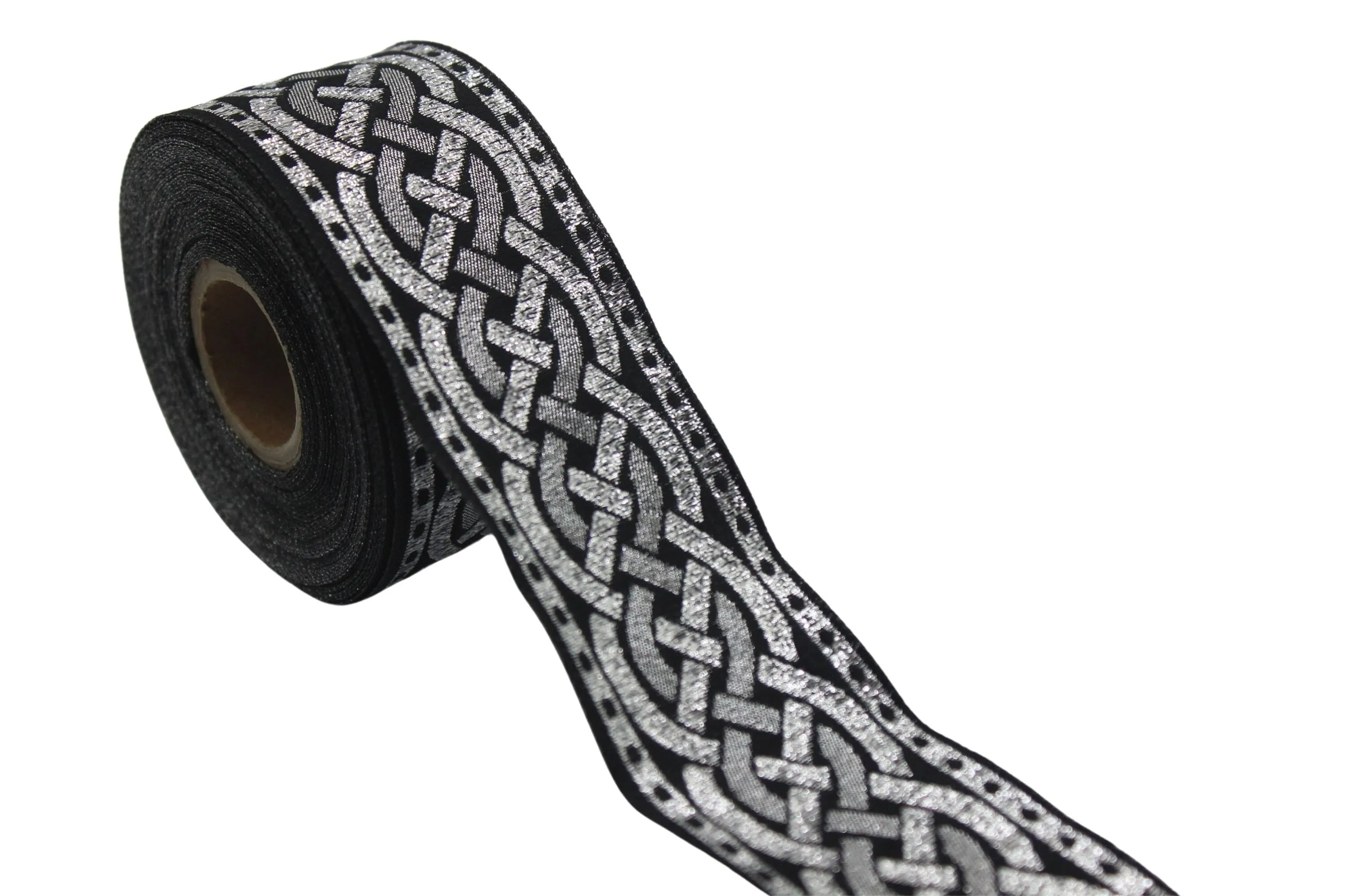 1.37 inch Metallic Silver Leprechaun Trim | Celtic Woven Border | 35 mm Woven Trimming | Jacquard Ribbon | Upholstery Fabric | CNK12