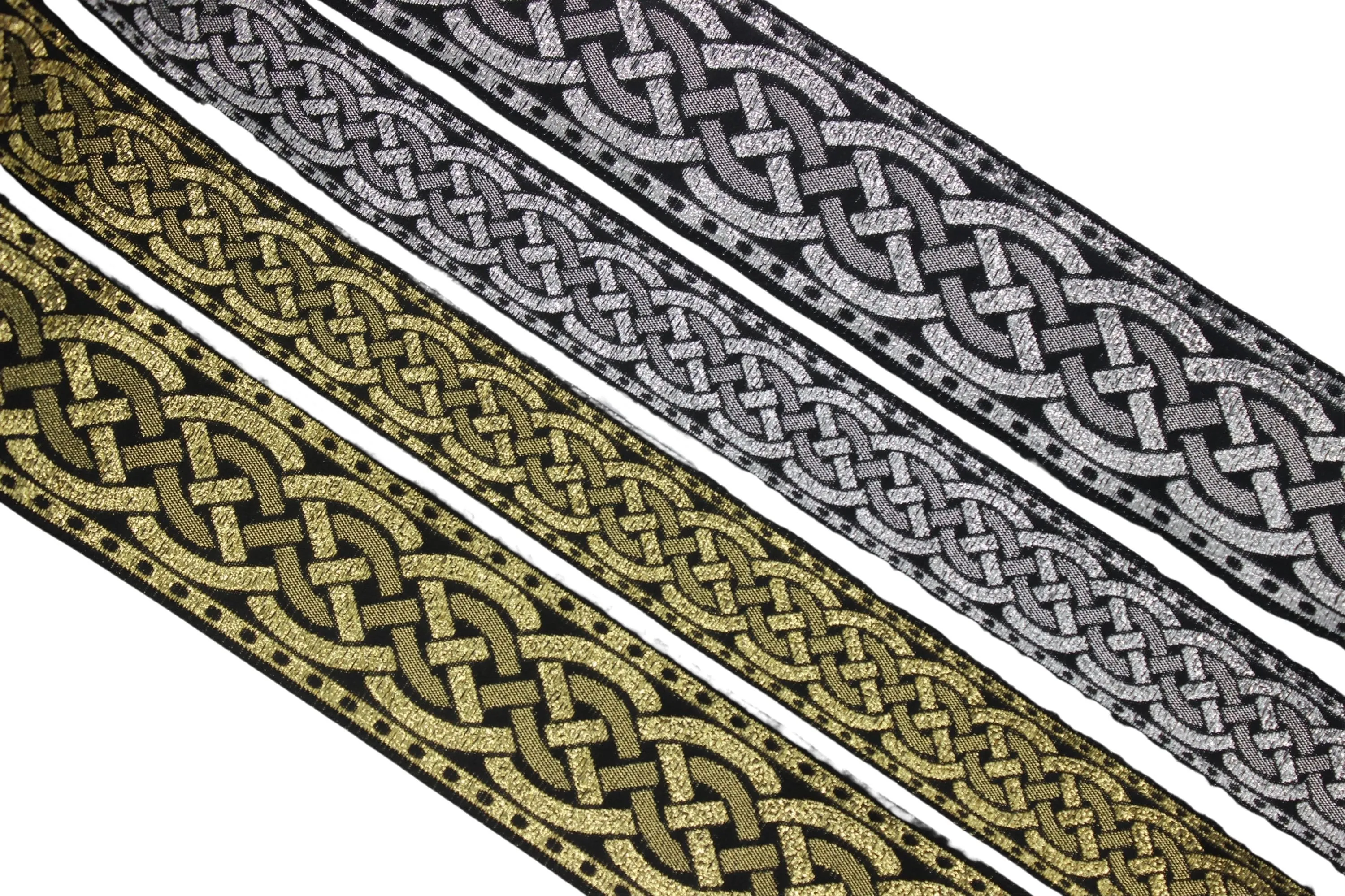 1.37 inch Metallic Silver Leprechaun Trim | Celtic Woven Border | 35 mm Woven Trimming | Jacquard Ribbon | Upholstery Fabric | CNK12