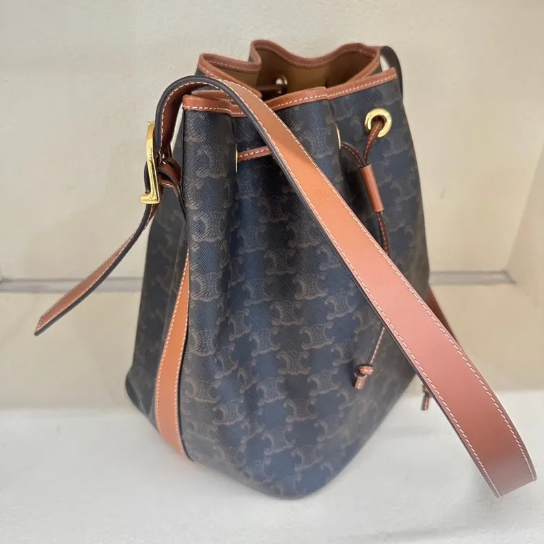 Celine Triomphe Canvas Tan Leather Bucket Bag Medium