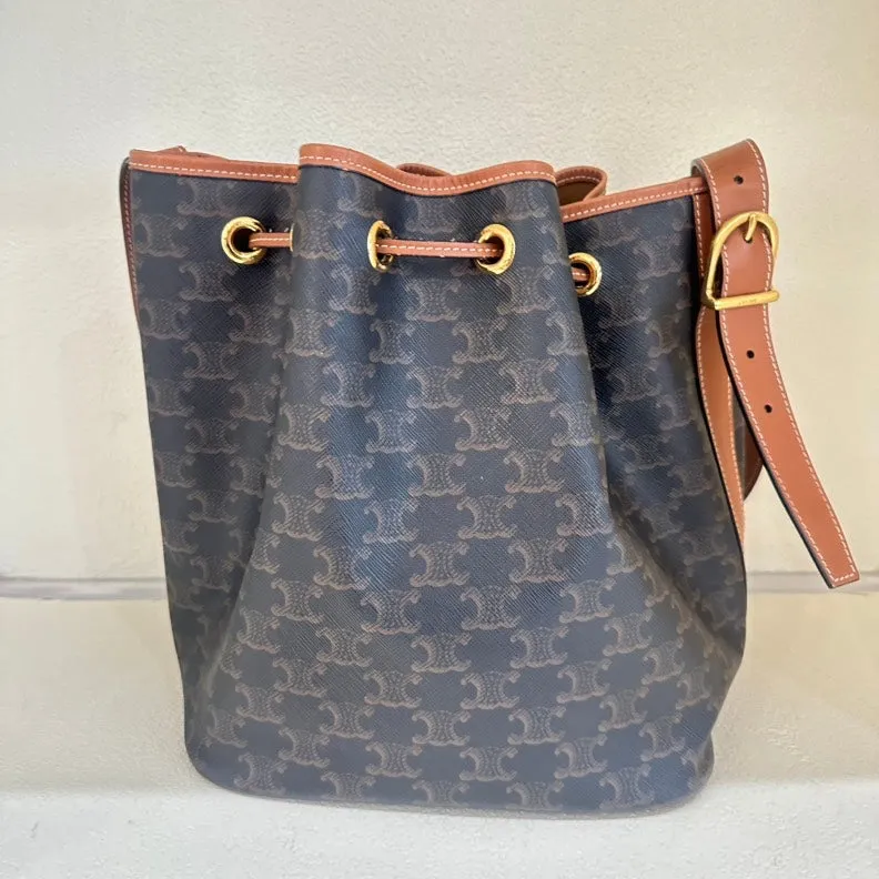 Celine Triomphe Canvas Tan Leather Bucket Bag Medium