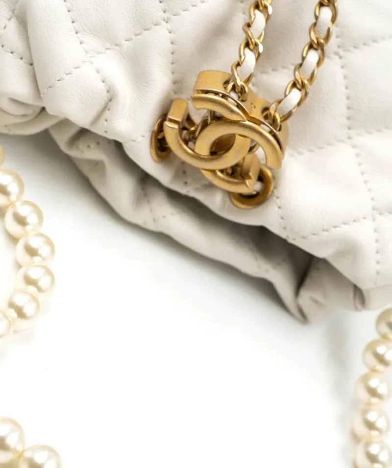 Chanel Light White Calfskin Quilted Pearl Mini About Pearls Drawstring Bucket Bag - DXBS1466