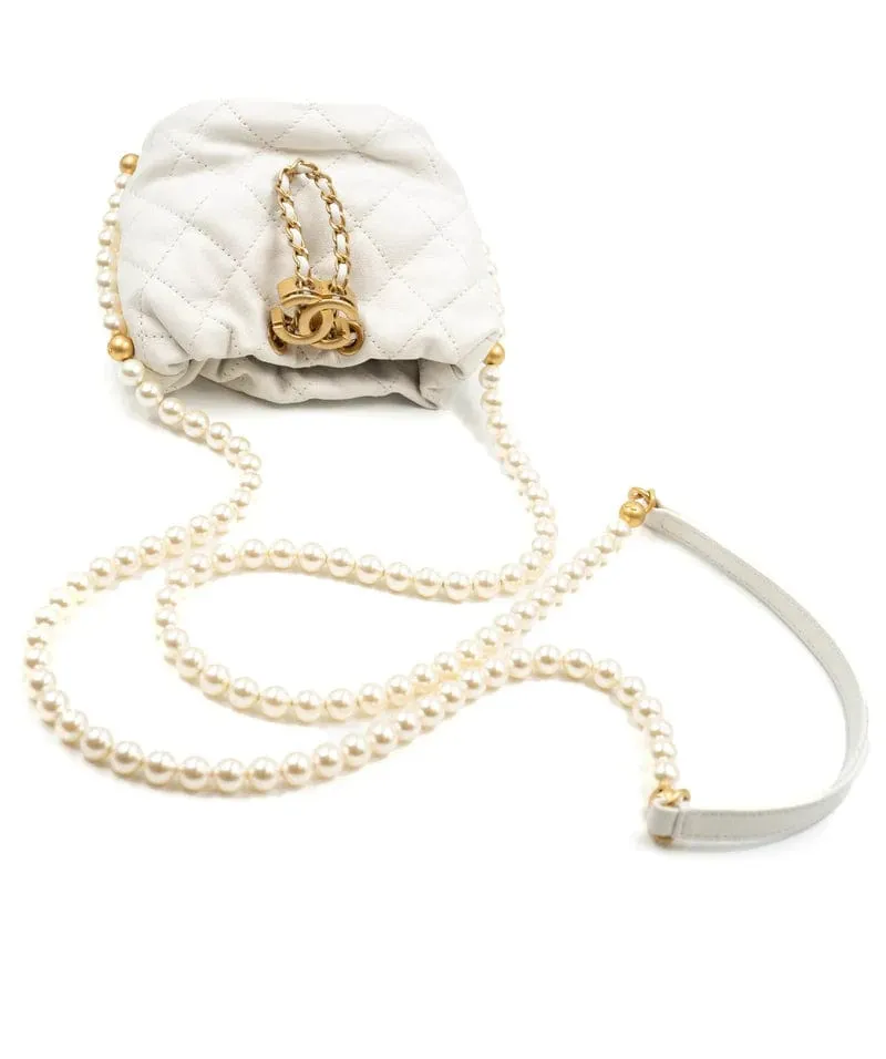 Chanel Light White Calfskin Quilted Pearl Mini About Pearls Drawstring Bucket Bag - DXBS1466