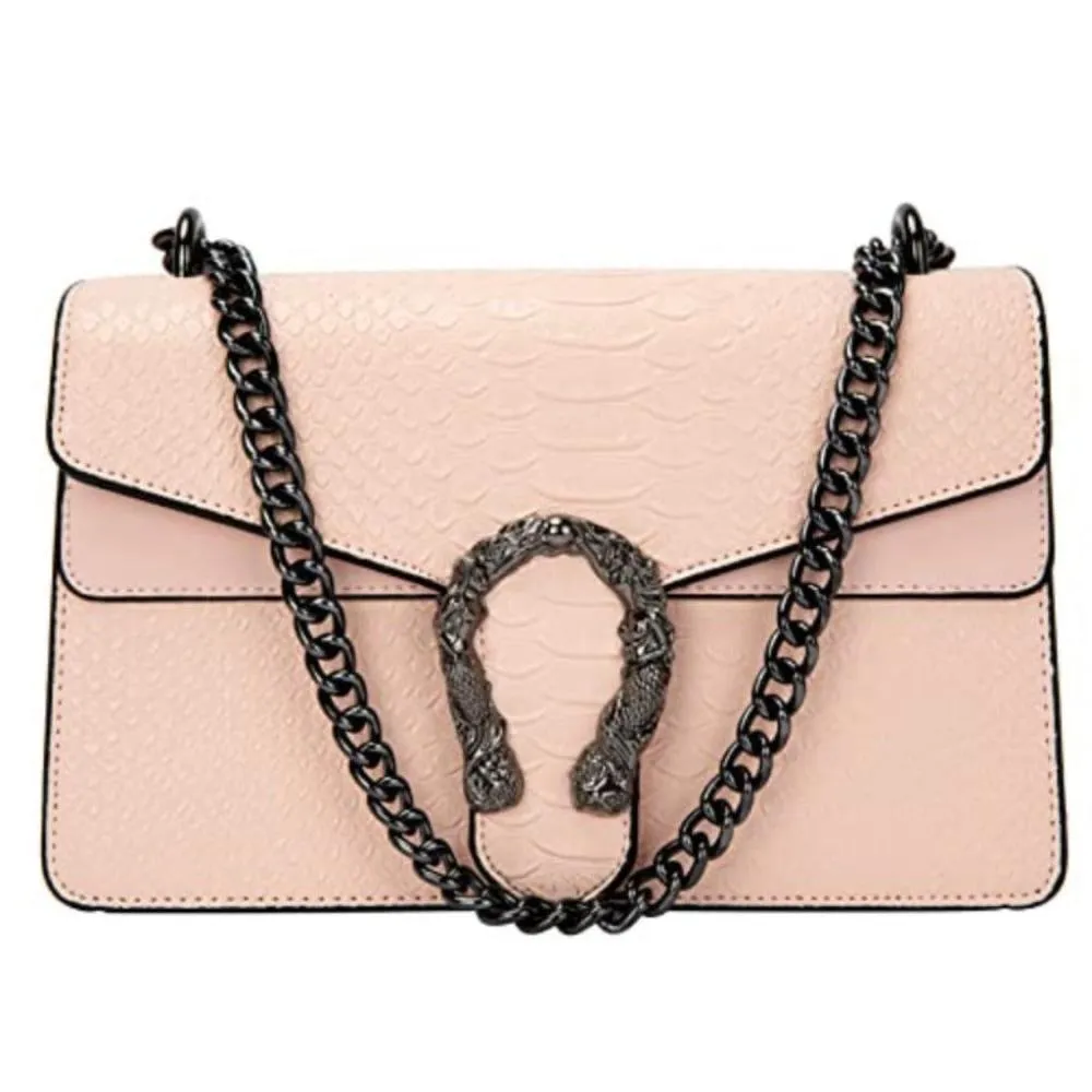 Crossbody Purse Embossed Snake-Print Metal Chain Shoulder Handbag