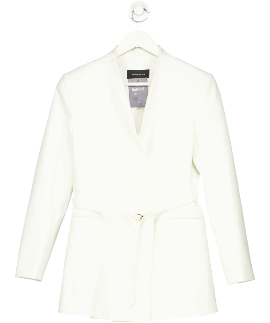Karen Millen White Structured Crepe Tailored Collarless Belted Blazer UK 10
