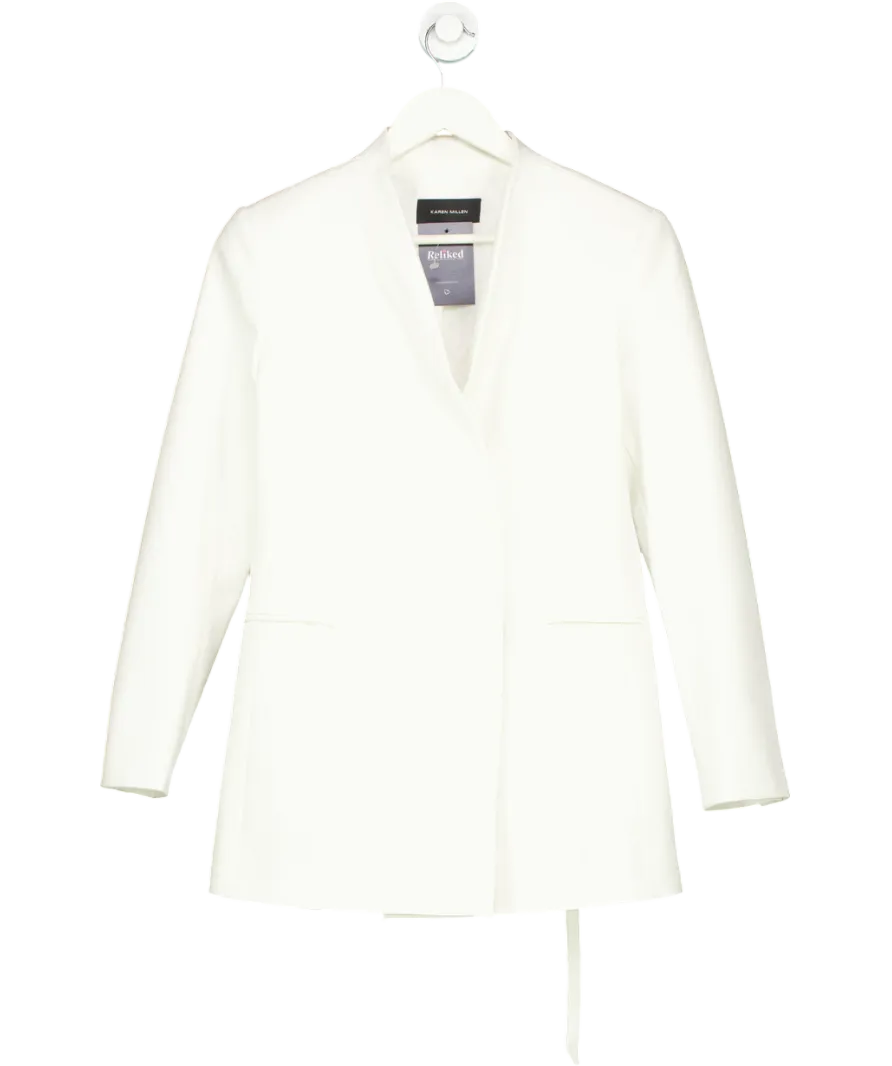 Karen Millen White Structured Crepe Tailored Collarless Belted Blazer UK 10