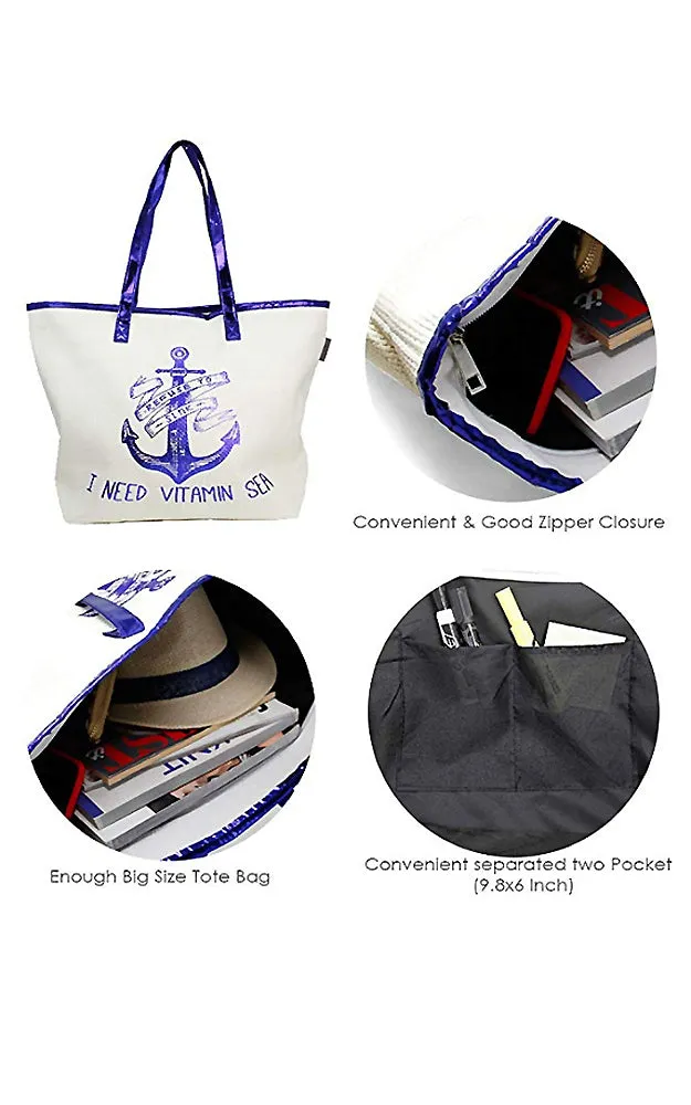 LF129 Ivory Anchor Tote Beach Bag