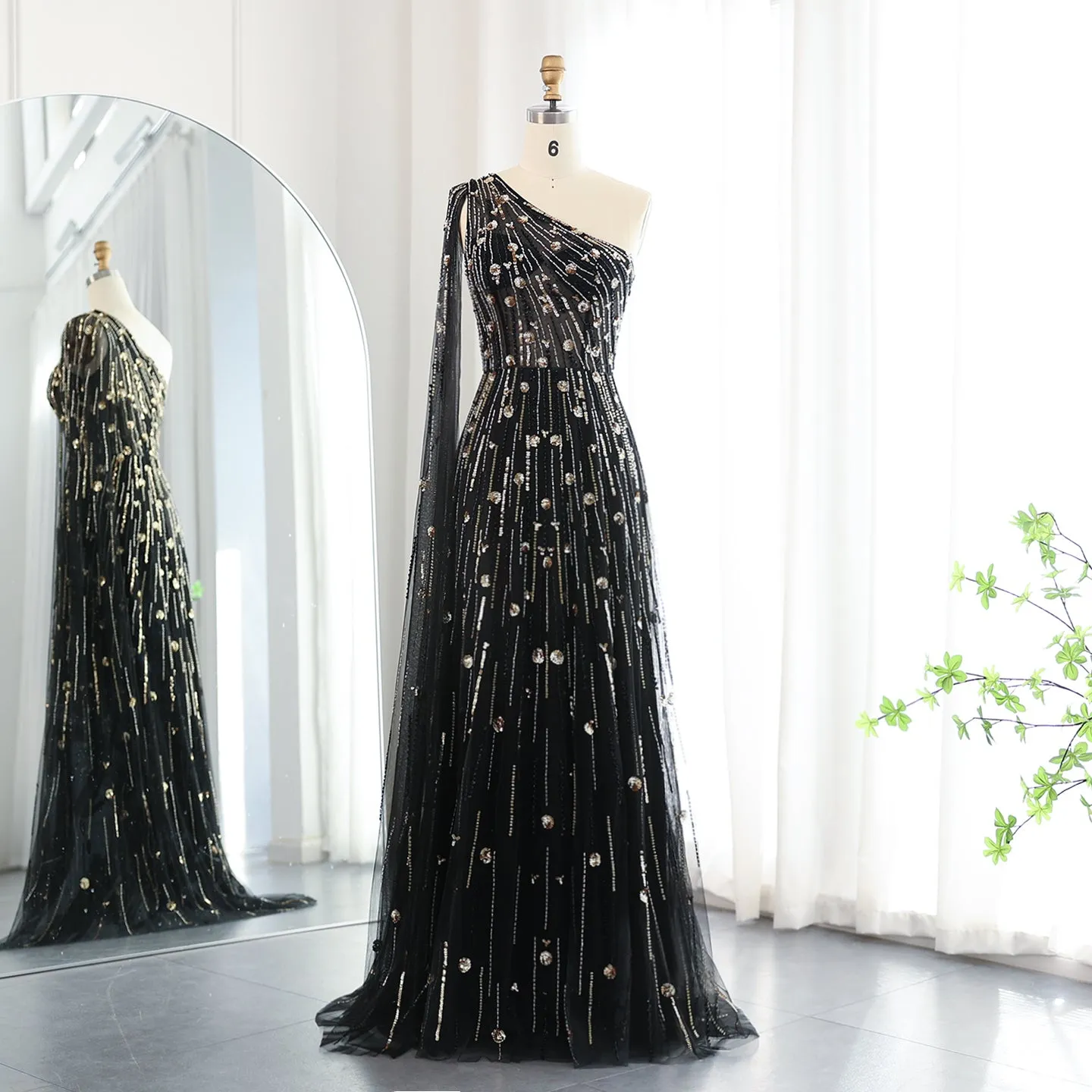 Luxury Beaded Black One Shoulder Evening Dress SS182