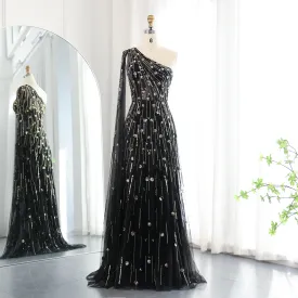 Luxury Beaded Black One Shoulder Evening Dress SS182