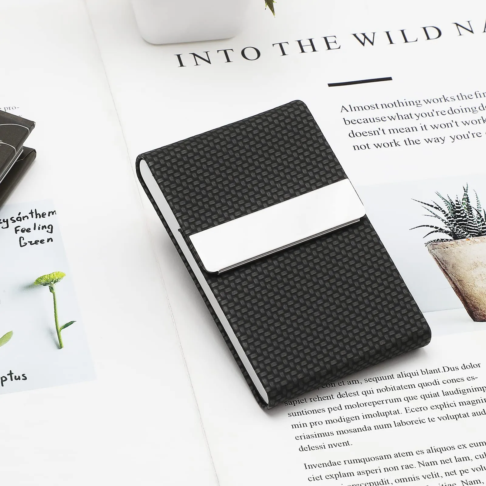 MaxGear Business Card Holder, PU Leather & Stainless Steel Business Card Case for Men or Women, Slim Name Cards Holder RFID Blocking Credit Cards Carrier with Magnetic Closure, Black Carbon
