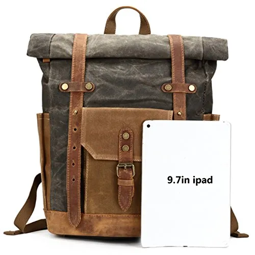 Mwatcher Waterproof Waxed Canvas Leather Backpack College Weekend Travel Rucksack 15in laptops