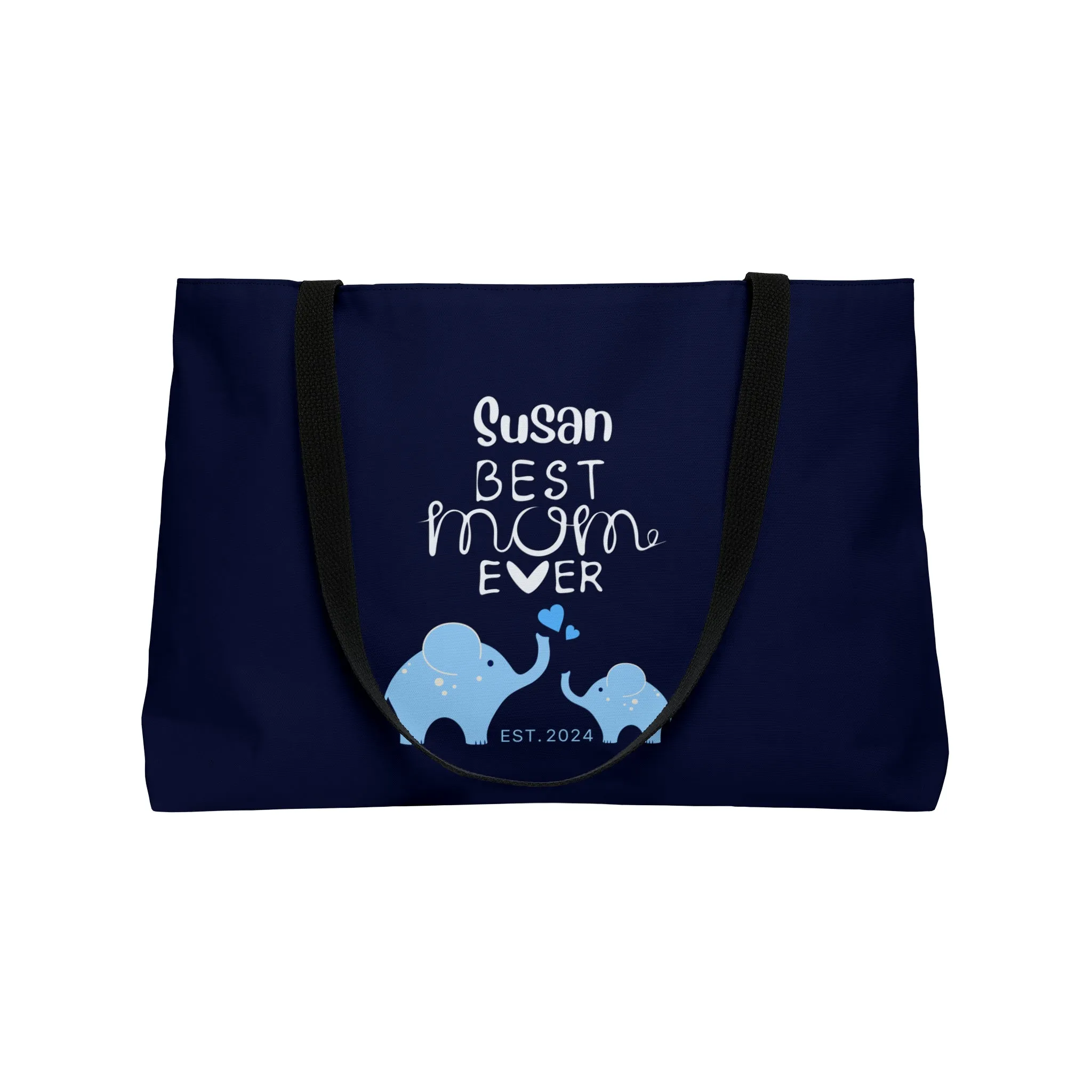 Personalized Best Mom Ever Weekender Bag for Mom, Blue Baby Elephants Tote Bag