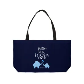 Personalized Best Mom Ever Weekender Bag for Mom, Blue Baby Elephants Tote Bag