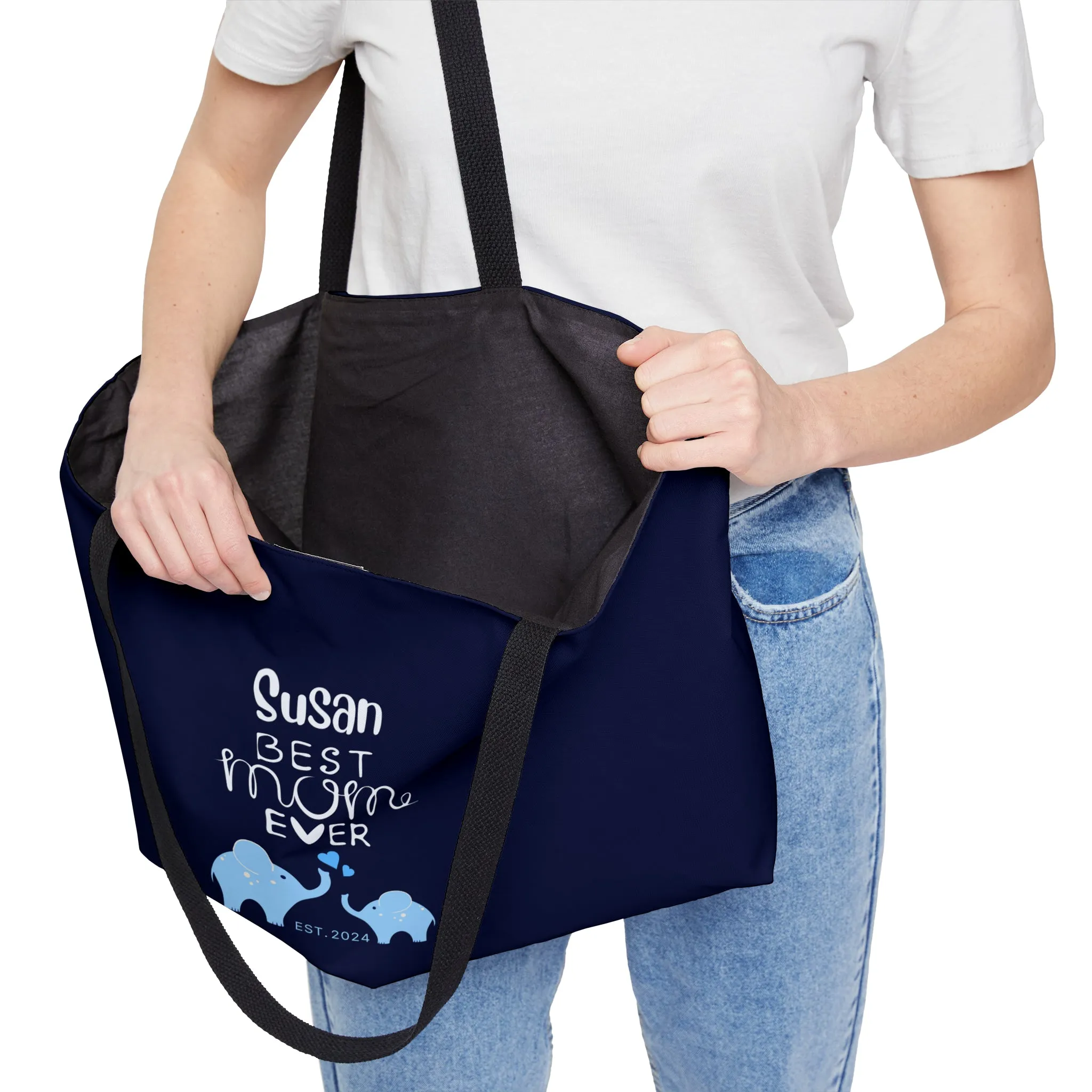 Personalized Best Mom Ever Weekender Bag for Mom, Blue Baby Elephants Tote Bag