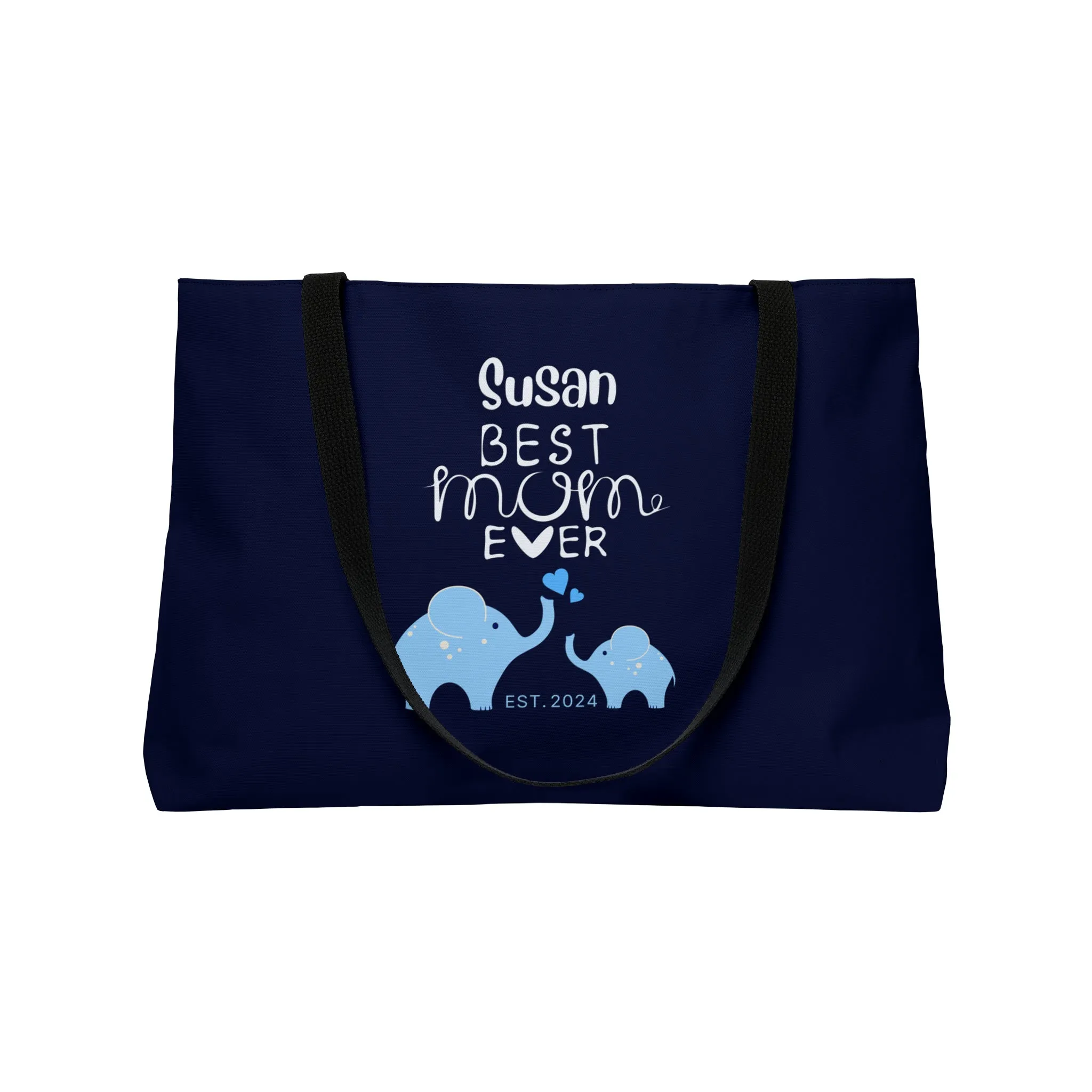 Personalized Best Mom Ever Weekender Bag for Mom, Blue Baby Elephants Tote Bag