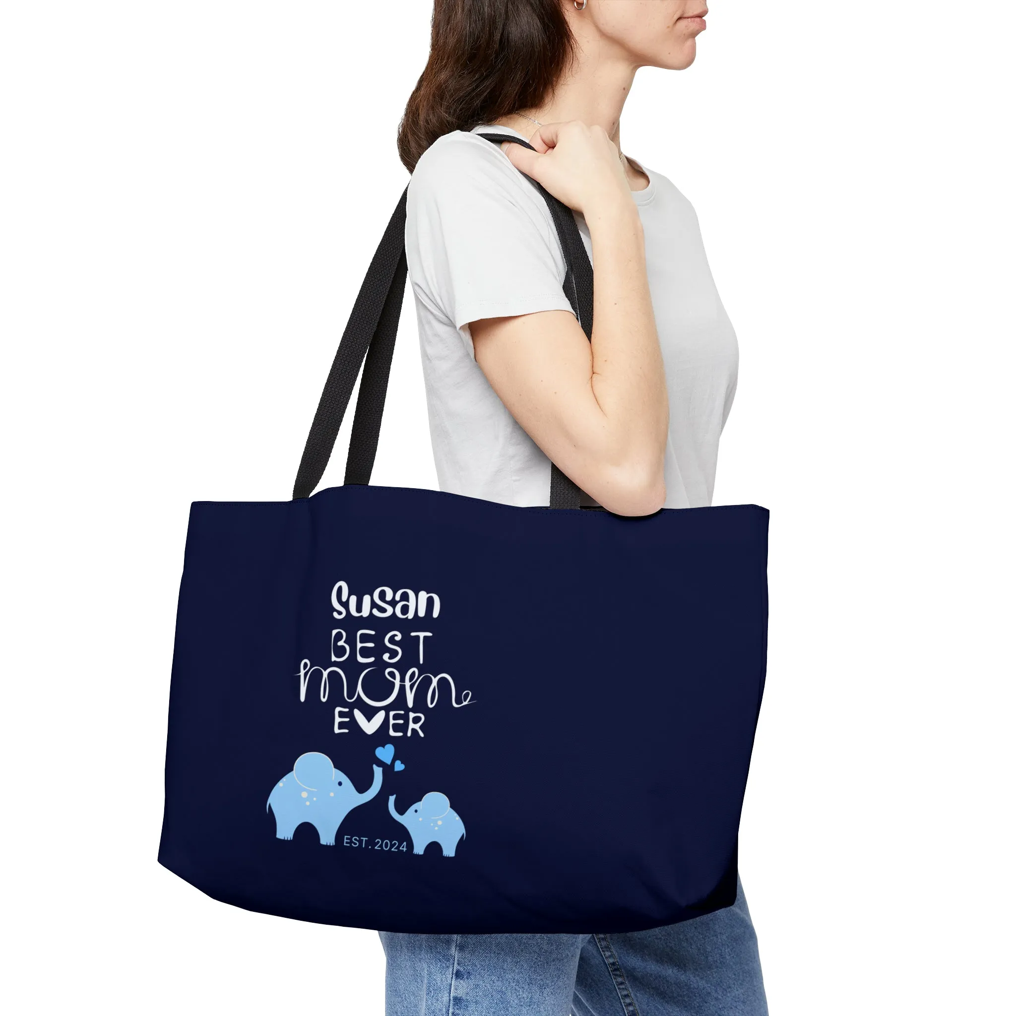 Personalized Best Mom Ever Weekender Bag for Mom, Blue Baby Elephants Tote Bag