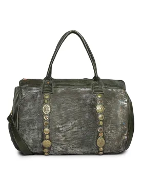Silvia: Metallic Effect Razor With Golden Concho Leather Tote/shopper Bag.