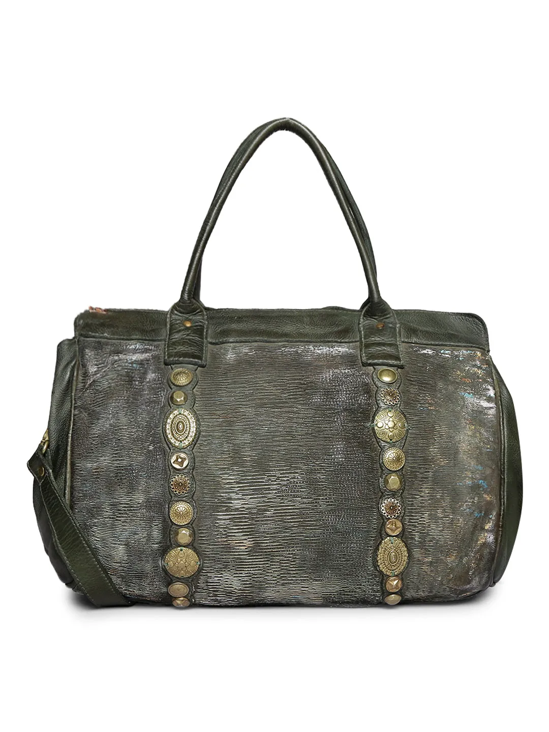 Silvia: Metallic Effect Razor With Golden Concho Leather Tote/shopper Bag.