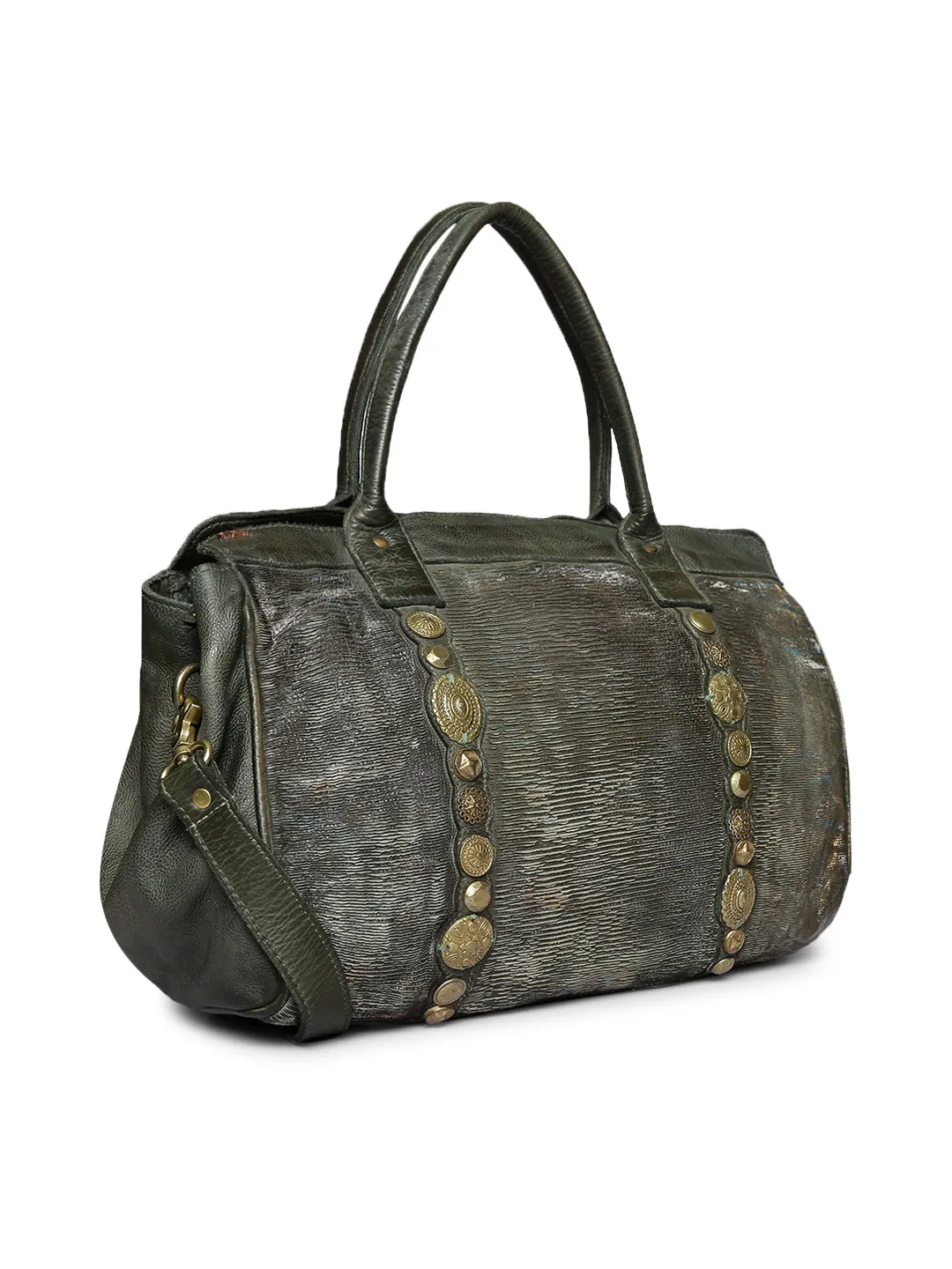Silvia: Metallic Effect Razor With Golden Concho Leather Tote/shopper Bag.