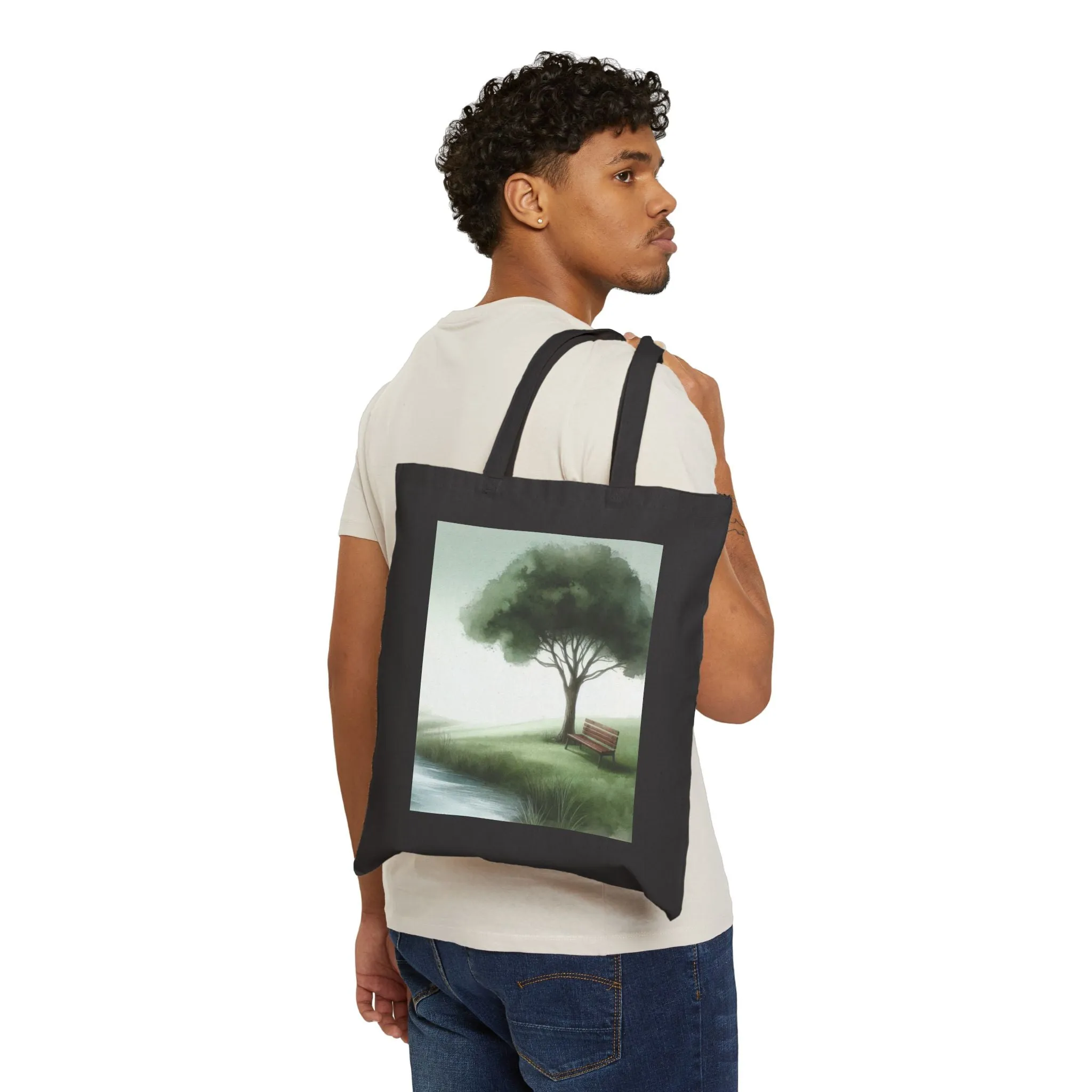 Tree and bench by a lake with watercolour effect Cotton Canvas Tote Bag