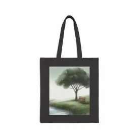 Tree and bench by a lake with watercolour effect Cotton Canvas Tote Bag
