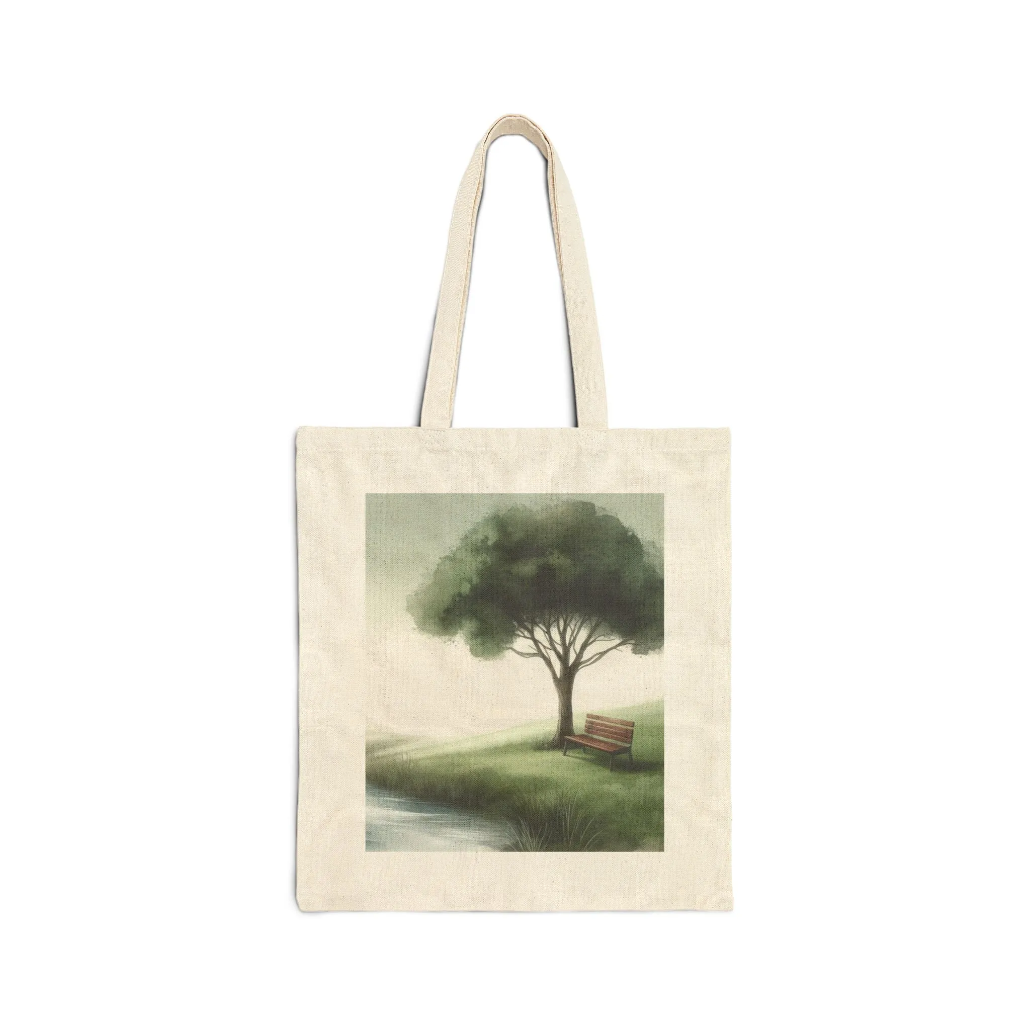 Tree and bench by a lake with watercolour effect Cotton Canvas Tote Bag