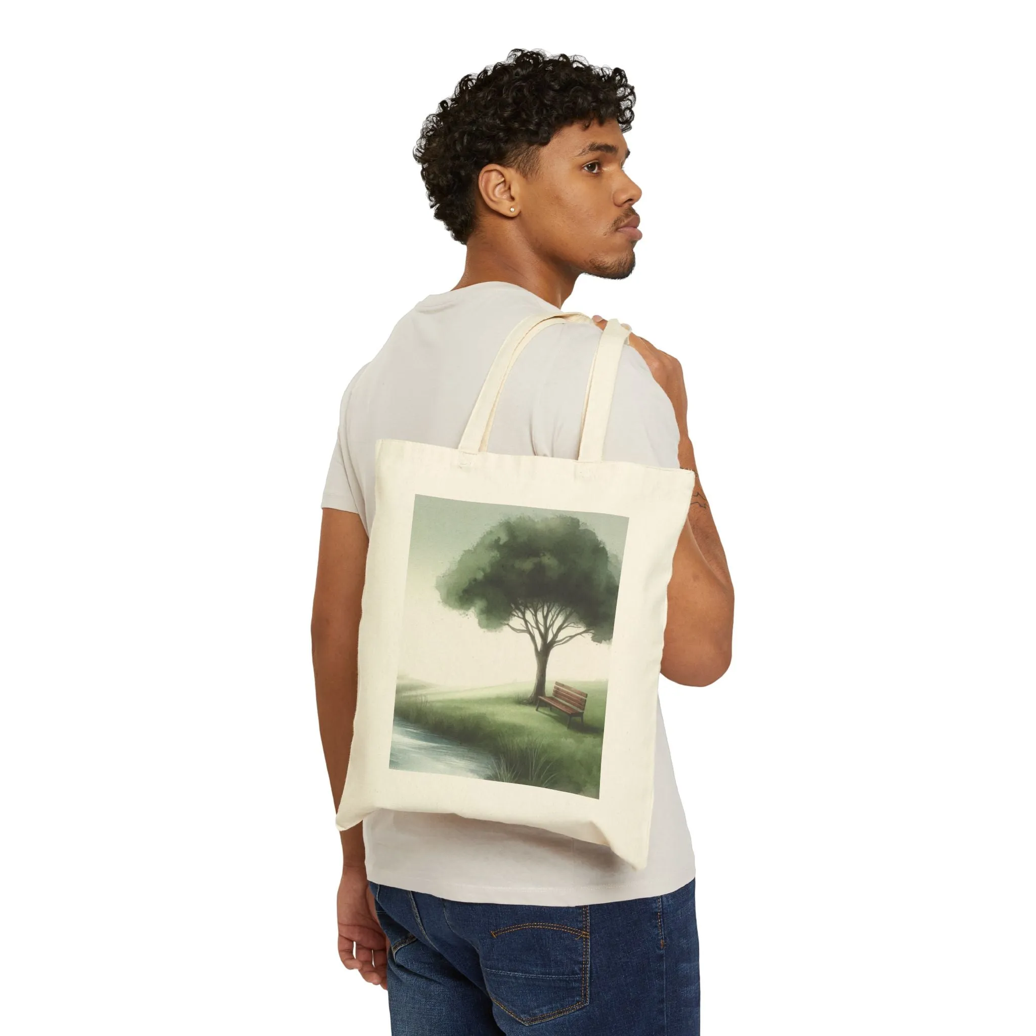 Tree and bench by a lake with watercolour effect Cotton Canvas Tote Bag