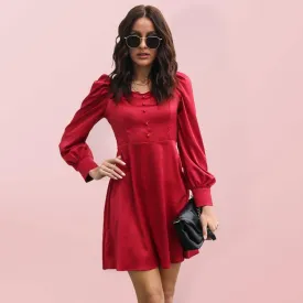 Women's color satin love collar bubble sleeve French Long Sleeve Dress