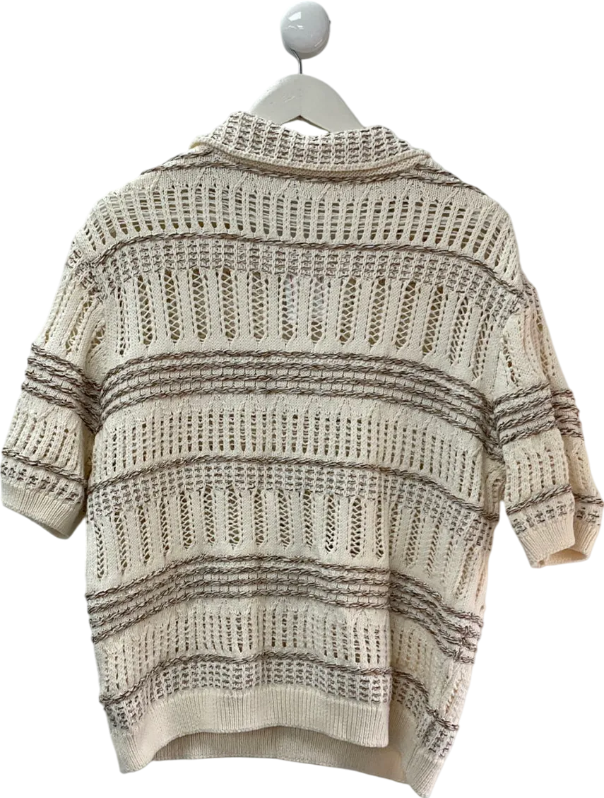 ZARA Cream Structured Crochet Polo Top UK XL