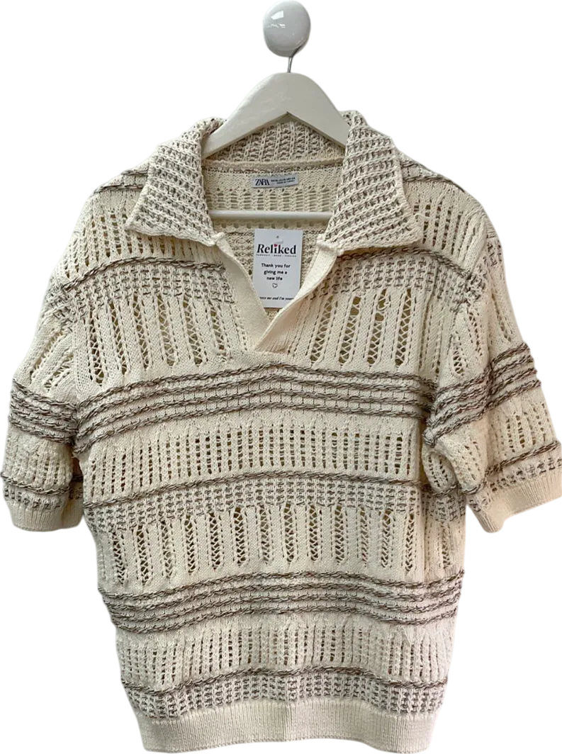 ZARA Cream Structured Crochet Polo Top UK XL